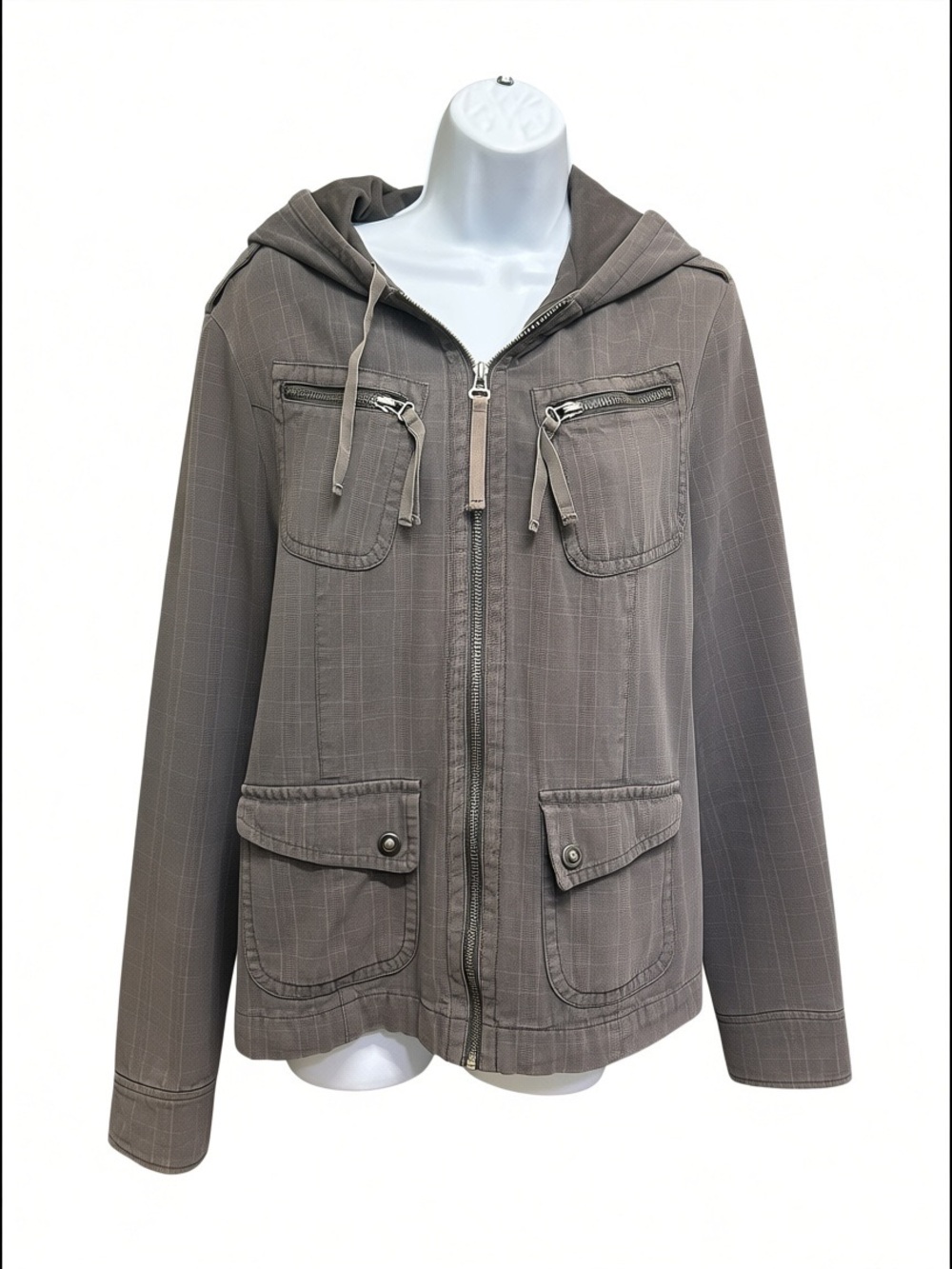 Kismet Gray Brown Subtle Plaid Hooded Utility Lined Drawstring Jacket Size L